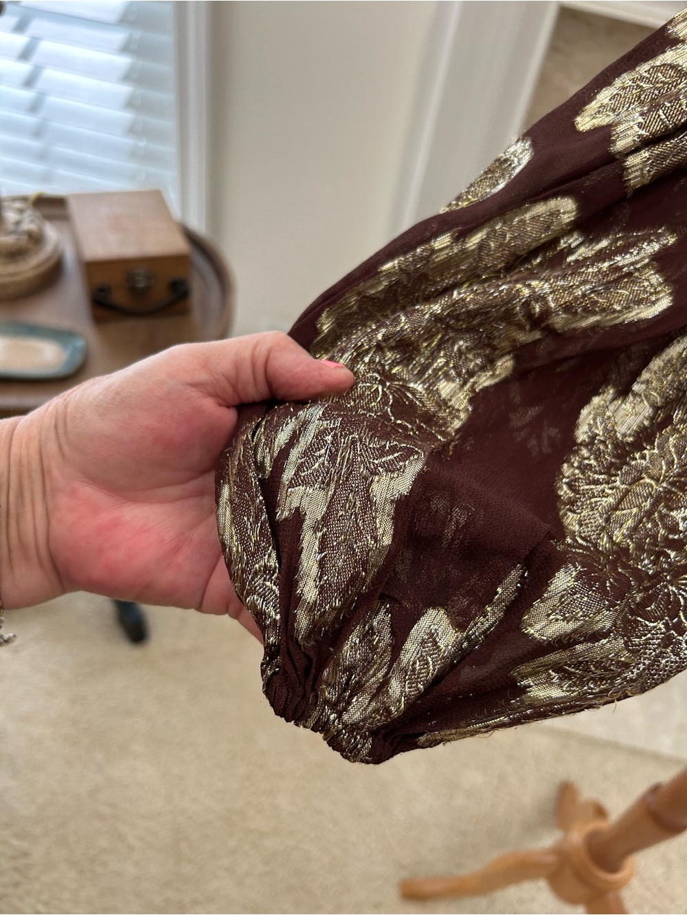 Zara Chocolate Brown Blouse with Gold Metallic Leaf Motif - Picture 4 of 9